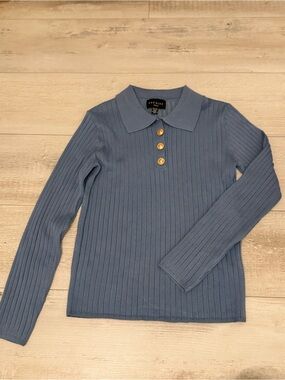Premise Blue Ribbed Polo Sweater with Gold Buttons
